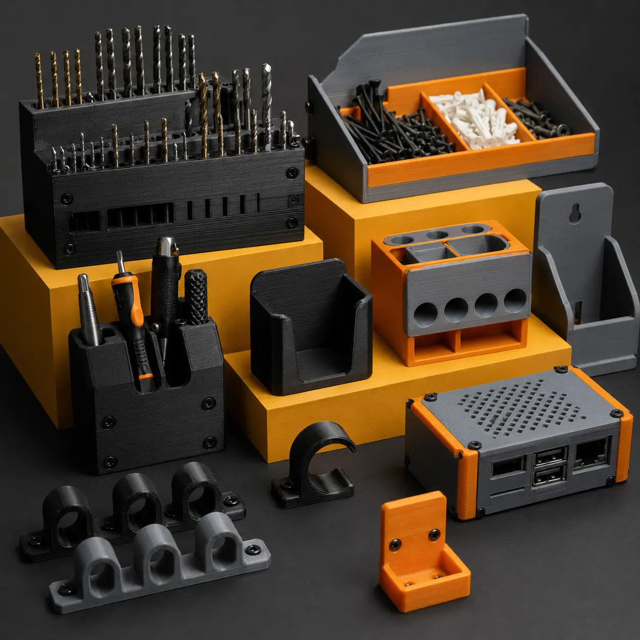 3D-printed workshop organizers, holders, clips, and enclosures