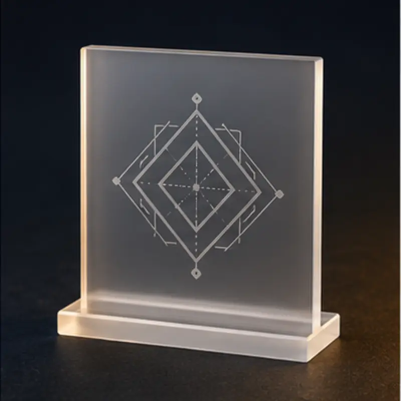 Frosted acrylic desk sign with a geometric engraved design