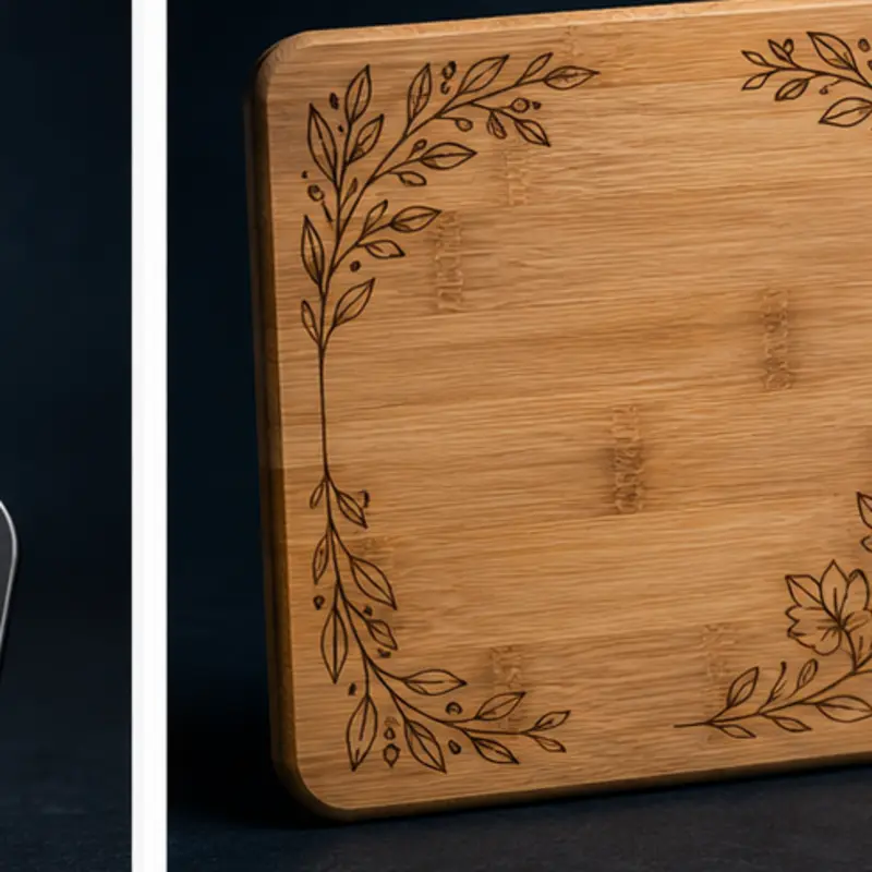 Bamboo cutting board with an engraved botanical border