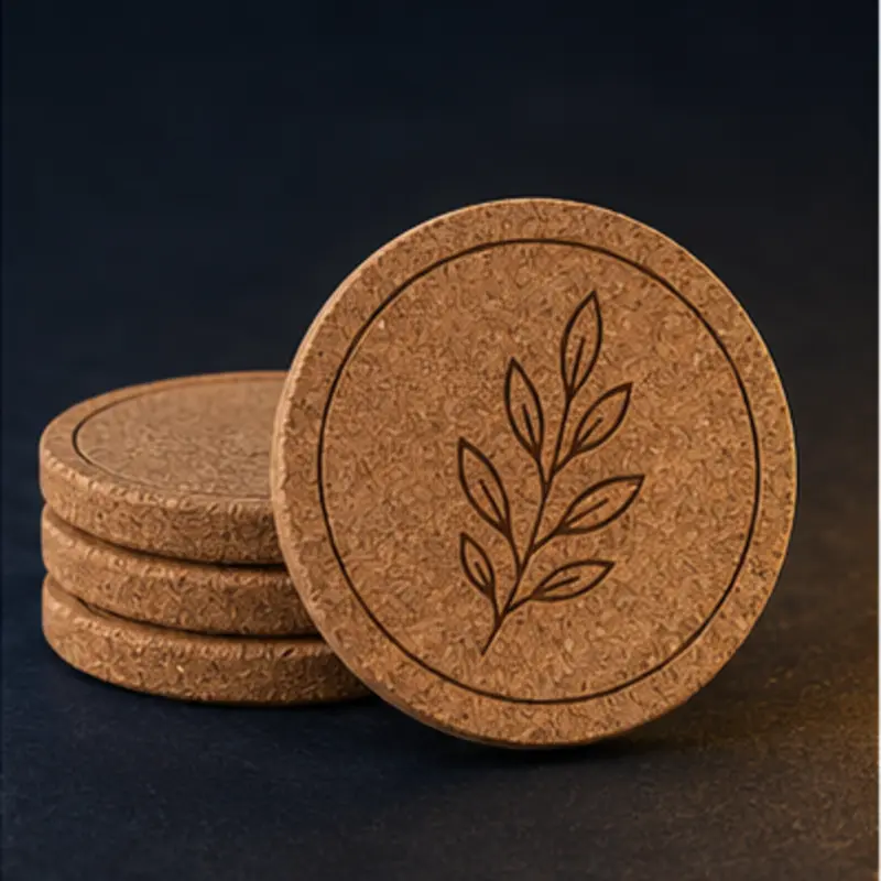 Natural cork coasters with an engraved leaf design