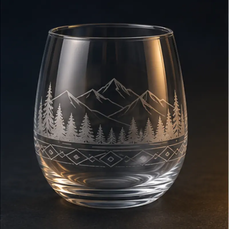 Clear glass drinkware with a frosted engraved landscape