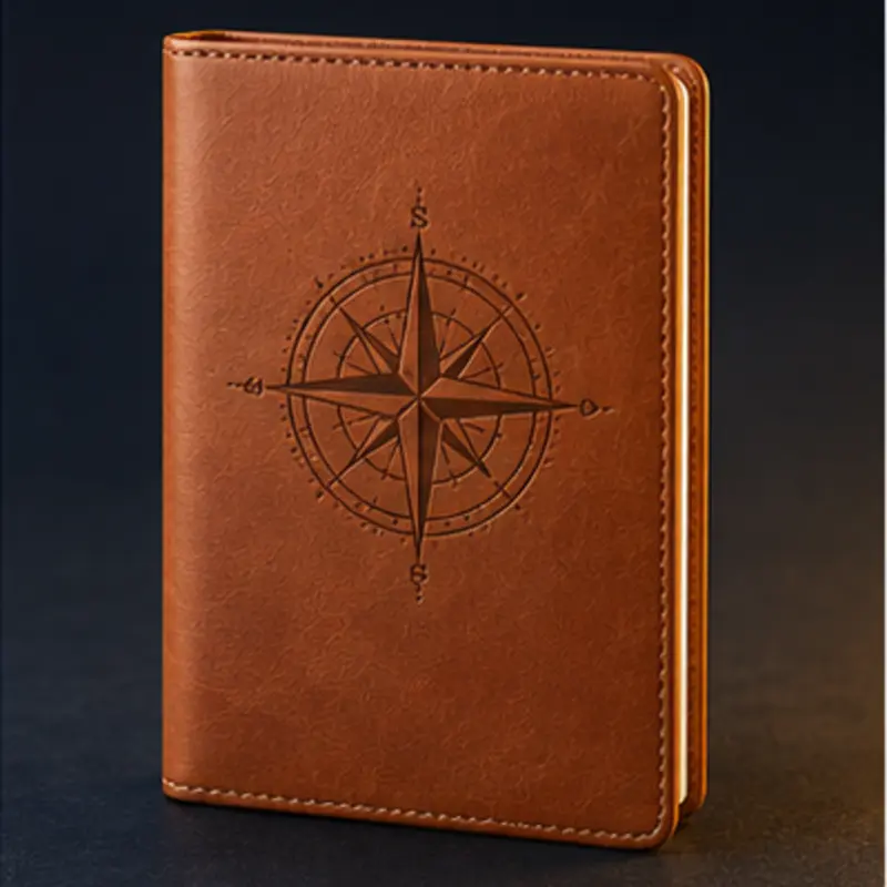 Tan leatherette notebook with an engraved compass design