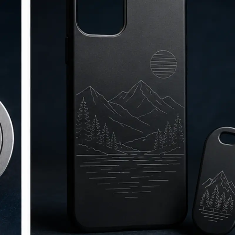 Dark plastic phone case and accessory tag with engraved landscape artwork