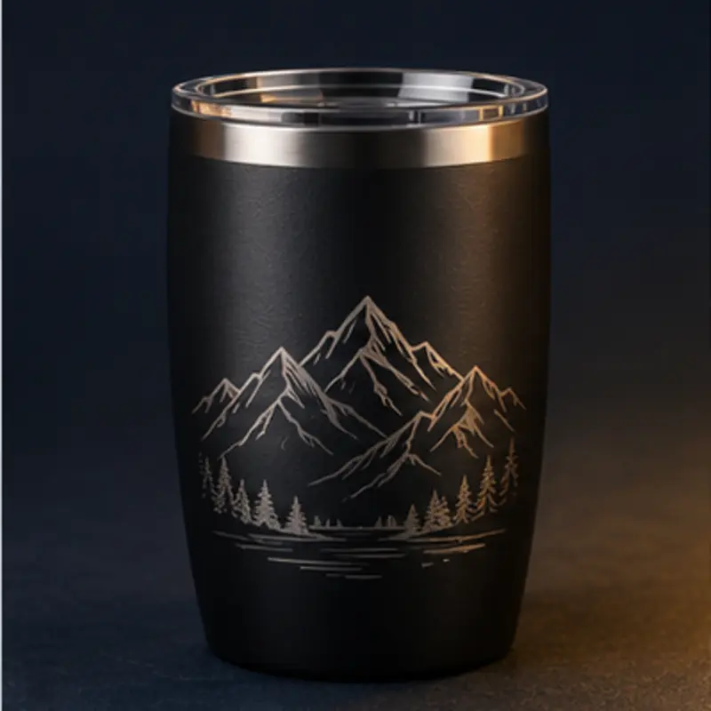 Matte black stainless-steel tumbler with an engraved mountain design