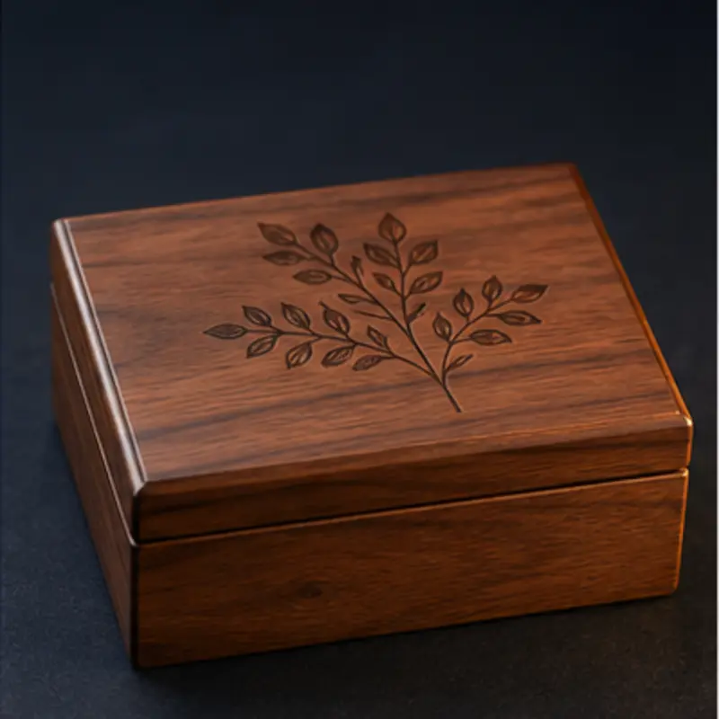 Walnut keepsake box with an engraved botanical design