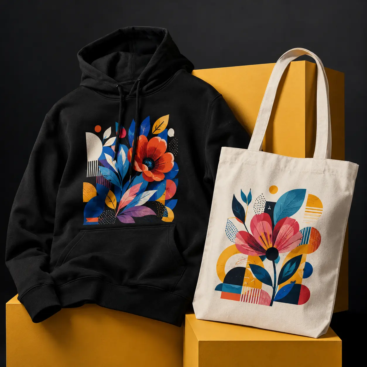 Hoodie and tote bag featuring vibrant DTF-printed artwork