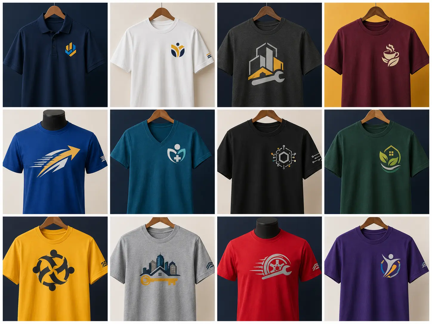 Twelve corporate-branded T-shirt and polo examples for office staff, construction, restaurants, logistics, healthcare, technology, home services, events, real estate, automotive, and fitness teams