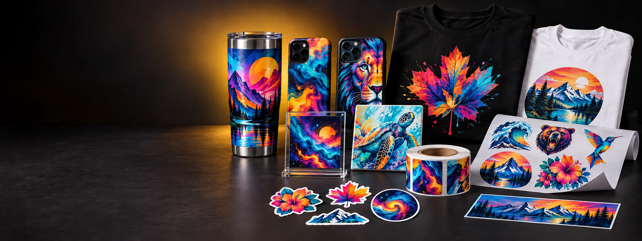 Colour-printed tumblers, phone cases, apparel, signs, stickers, labels, and decals