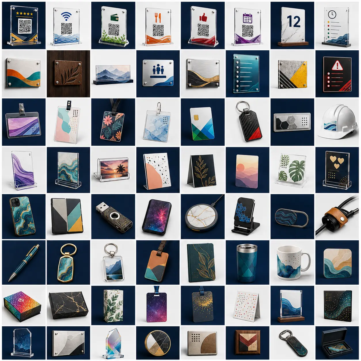 A grid of 64 corporate branding possibilities including QR stands, office signs, employee badges, retail displays, promotional technology, client gifts, event products, packaging and awards