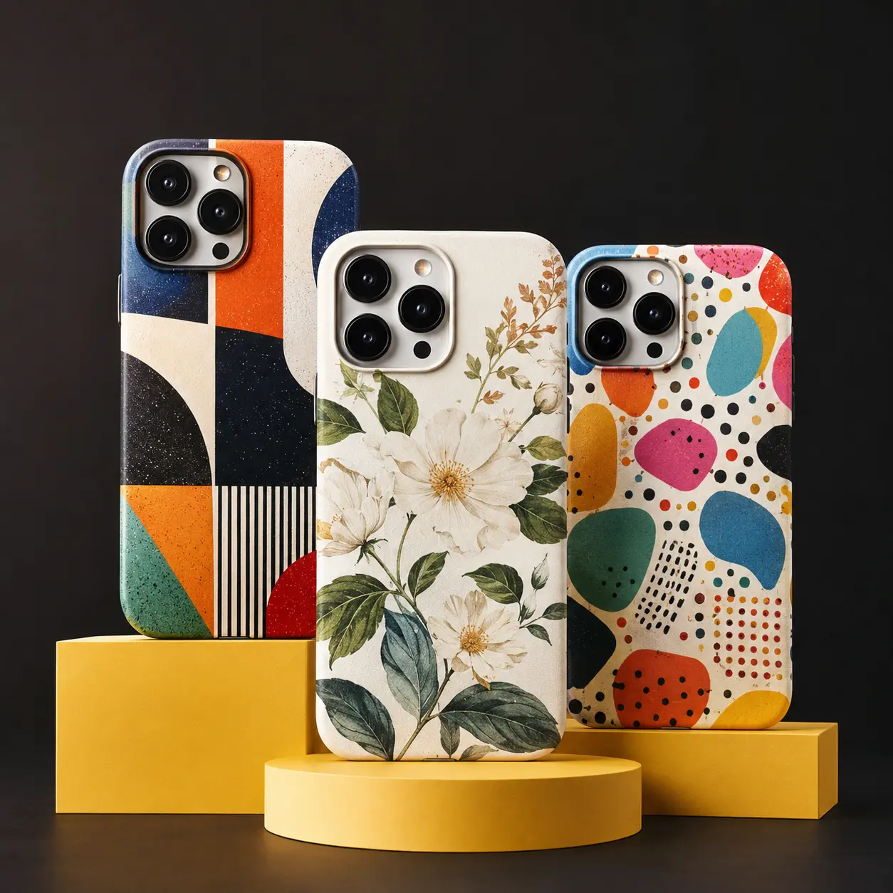 Three phone cases with detailed full-colour UV-printed artwork